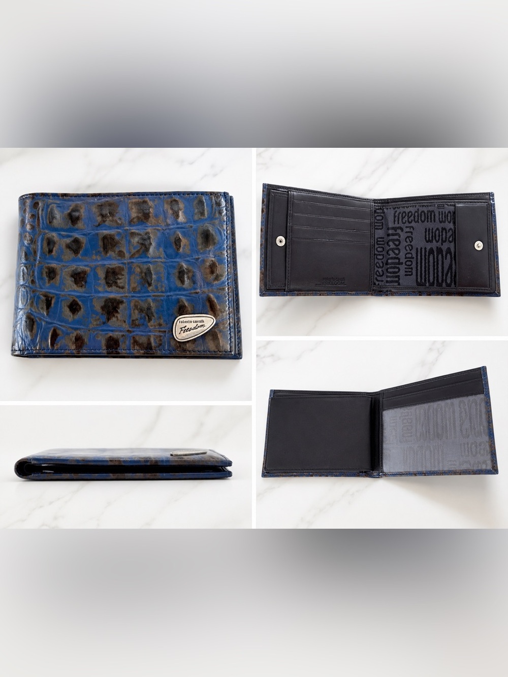 Vintage Men’s Roberto Cavalli Freedom Blue Crocodile Leather Bi-Fold Wallet